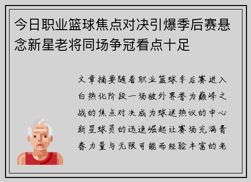 今日职业篮球焦点对决引爆季后赛悬念新星老将同场争冠看点十足