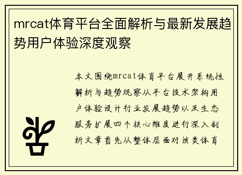 mrcat体育平台全面解析与最新发展趋势用户体验深度观察